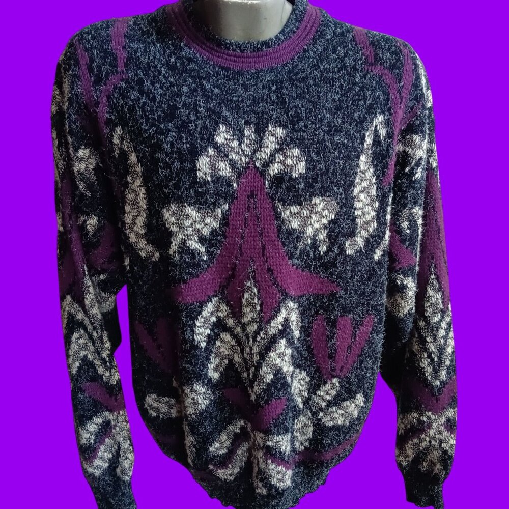 Vintage Men's Ugly Sweater XL 1980's Zeppelin Wild Purple Abstract AOP Korea XL